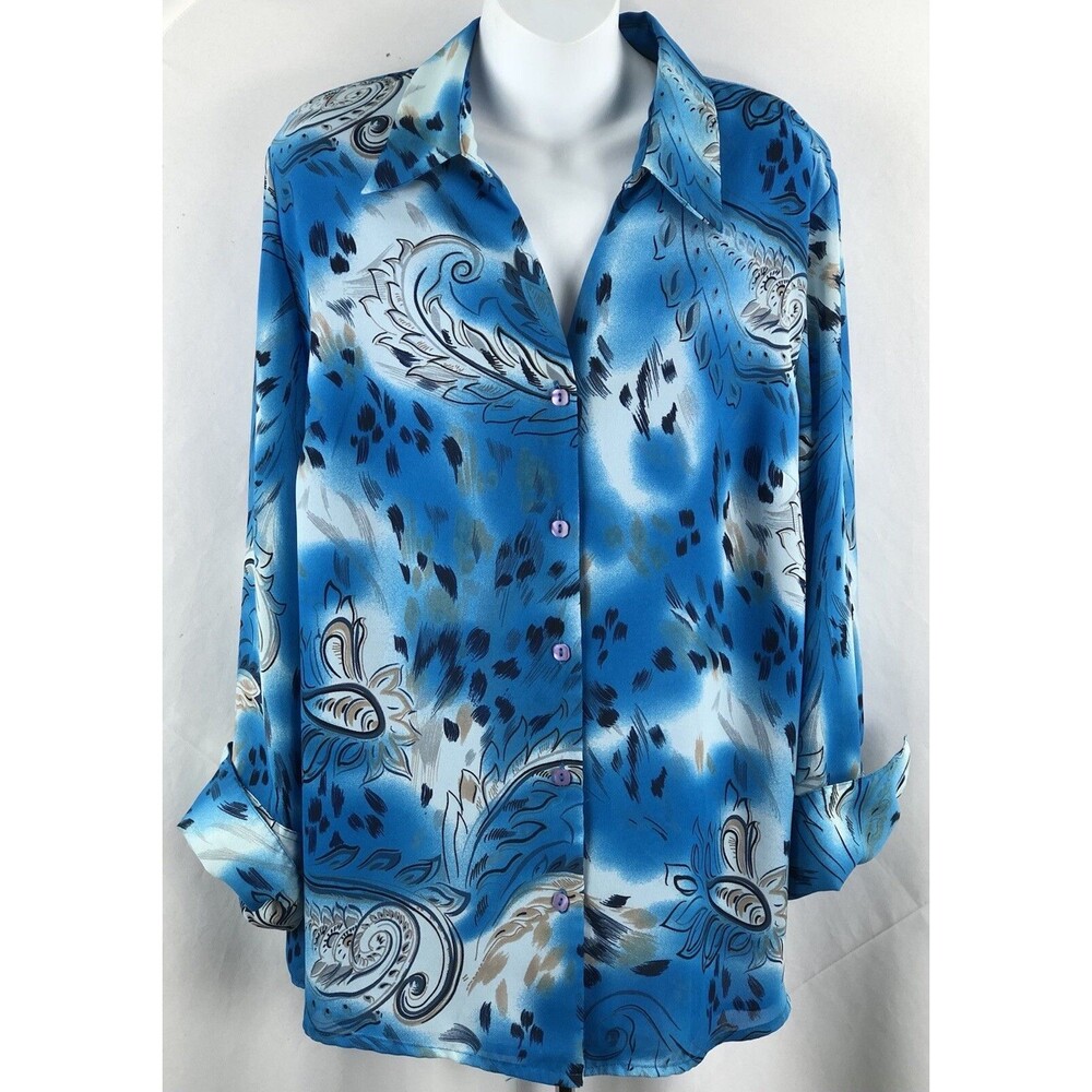 Vintage Flowy Top 18W Blue Geo Chiffon longSleeve Mock French Cuff Retro Boho
